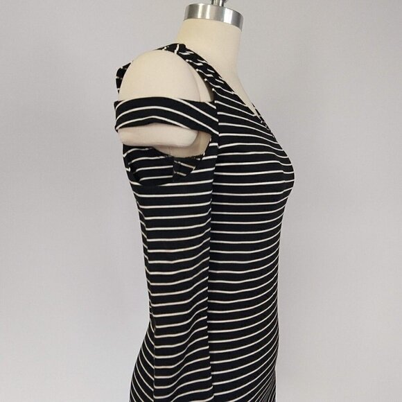 Torn Ronny Kobo Striped Cut Out Sleeve Dress Size S Cold Shoulder Black White - Picture 5 of 11